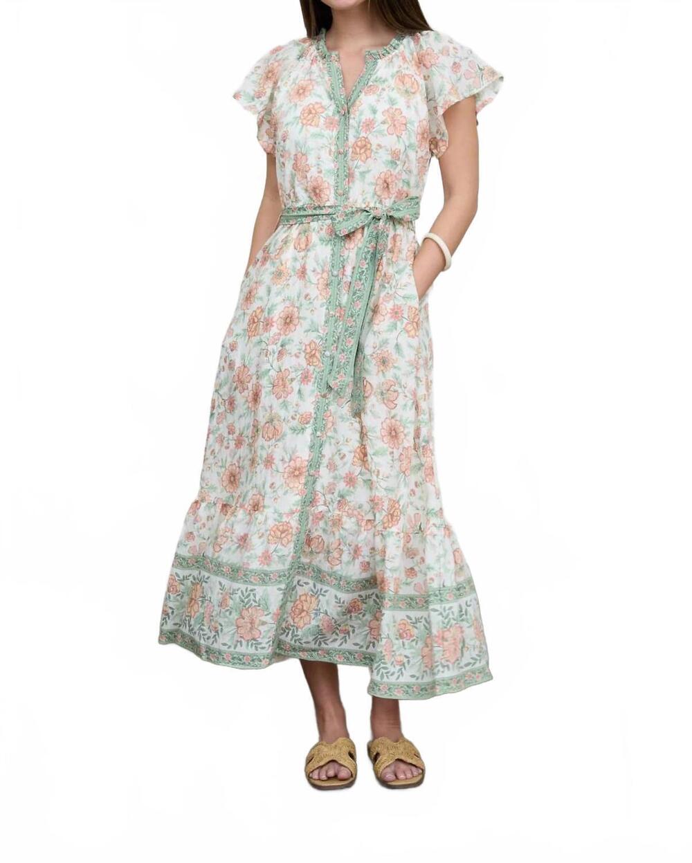 NEW AUGUST SKY floral border print belt strap midi dress in green multi